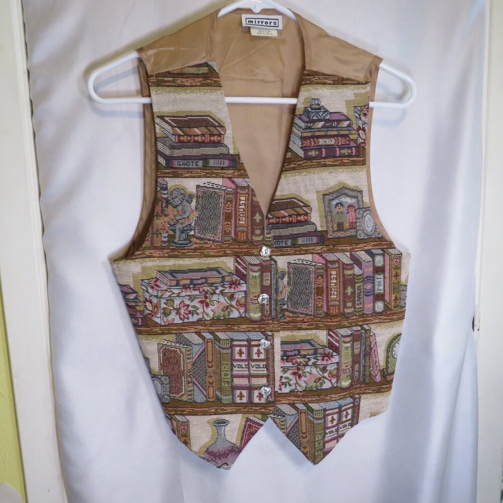 Vintage Book Shelf (LIBRARIAN) Tapestry Vest Medium Made USA by Mirrors UNISEX